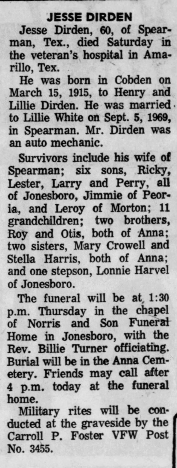 Jesse Dirden Obituary Southern, Illinoisan (Carbondale, IL) April 30, 1975